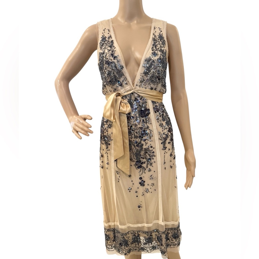 Trust Toilette embroidered gown with a deep V-neck and a detachable waist tie